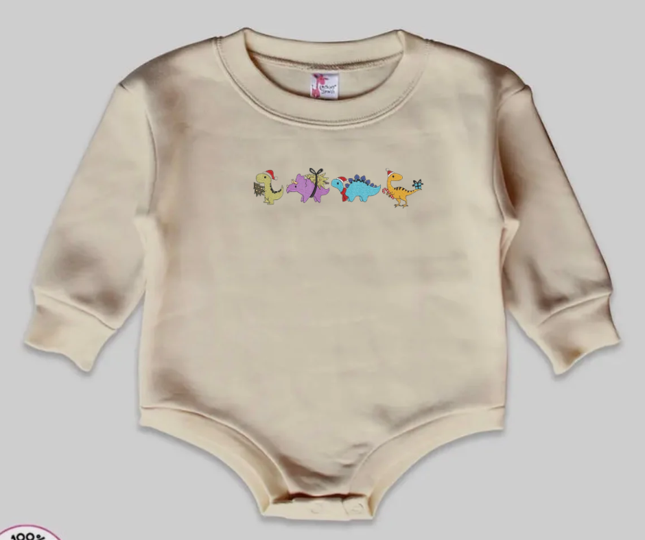 Cozy Bubble Romper- Embroidered Christmas Dinos